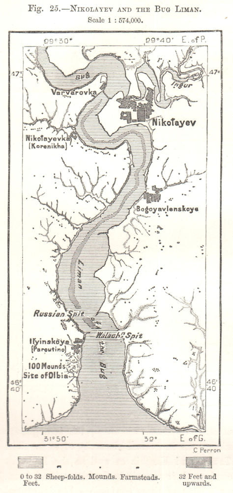 Mykolaiv and the Bug Liman. Ukraine. Sketch map 1885 old antique chart